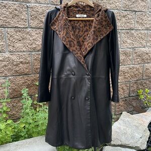 Luxury Designer Inspired Black Hooded Leather Coat with Leopard Print Lining M/L